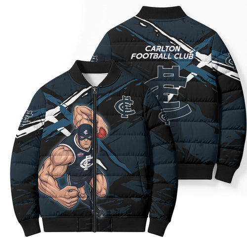 Carlton Football Club Bomber Puffer Jacket Blues Muscular Mascot Graphic - Abstract Paint Splatter Art