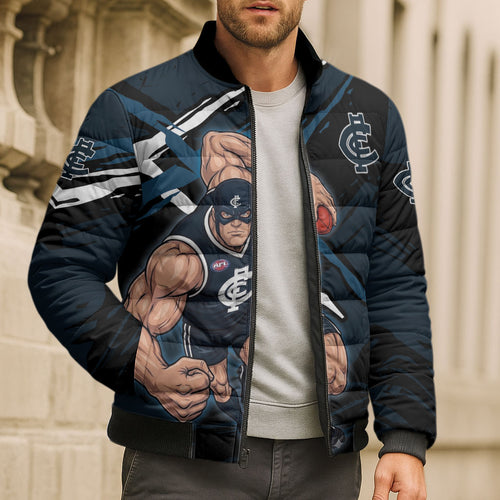 Carlton Football Club Bomber Puffer Jacket Blues Muscular Mascot Graphic - Abstract Paint Splatter Art