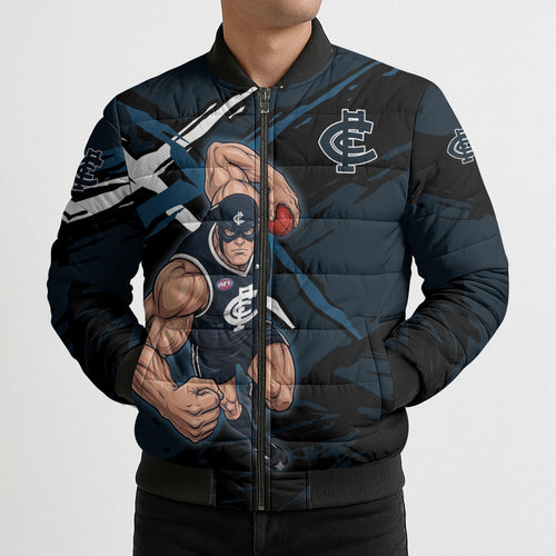 Carlton Football Club Bomber Puffer Jacket Blues Muscular Mascot Graphic - Abstract Paint Splatter Art