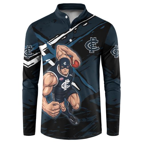 Carlton Football Club Button Sweatshirt Blues Muscular Mascot Graphic - Abstract Paint Splatter Art