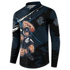 Carlton Football Club Button Sweatshirt Blues Muscular Mascot Graphic - Abstract Paint Splatter Art