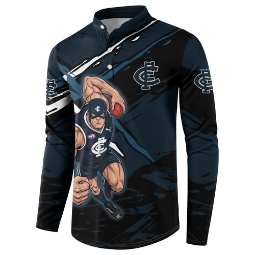 Carlton Football Club Button Sweatshirt Blues Muscular Mascot Graphic - Abstract Paint Splatter Art