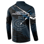 Carlton Football Club Button Sweatshirt Blues Muscular Mascot Graphic - Abstract Paint Splatter Art
