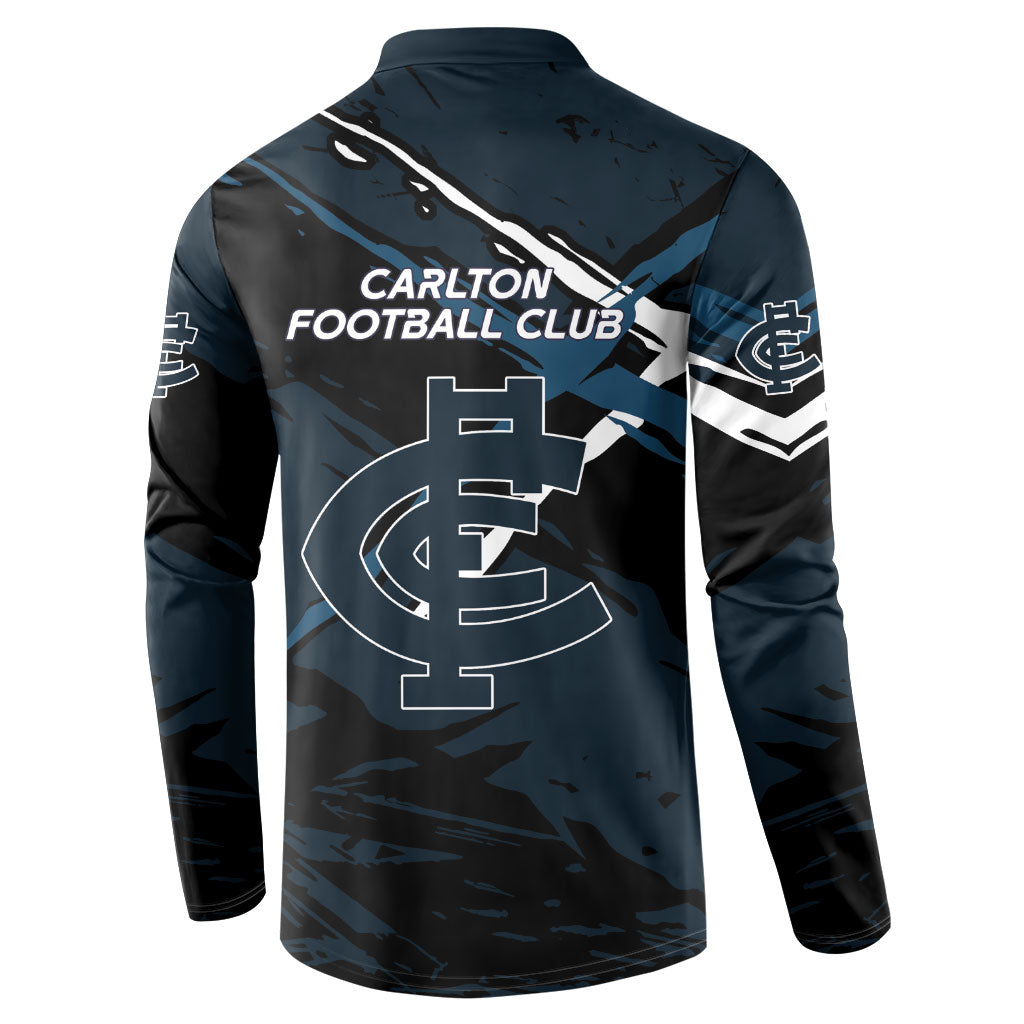 Carlton Football Club Button Sweatshirt Blues Muscular Mascot Graphic - Abstract Paint Splatter Art