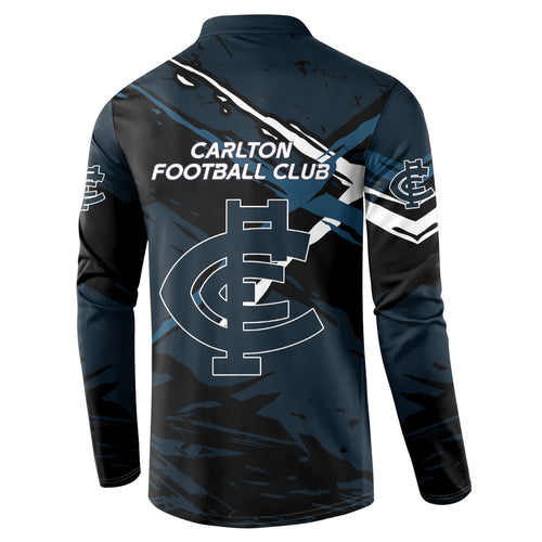 Carlton Football Club Button Sweatshirt Blues Muscular Mascot Graphic - Abstract Paint Splatter Art