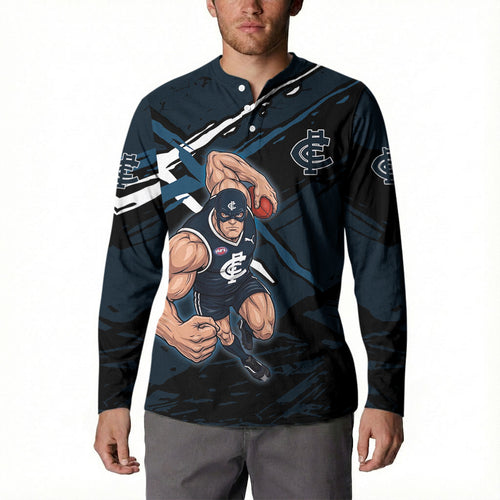 Carlton Football Club Button Sweatshirt Blues Muscular Mascot Graphic - Abstract Paint Splatter Art