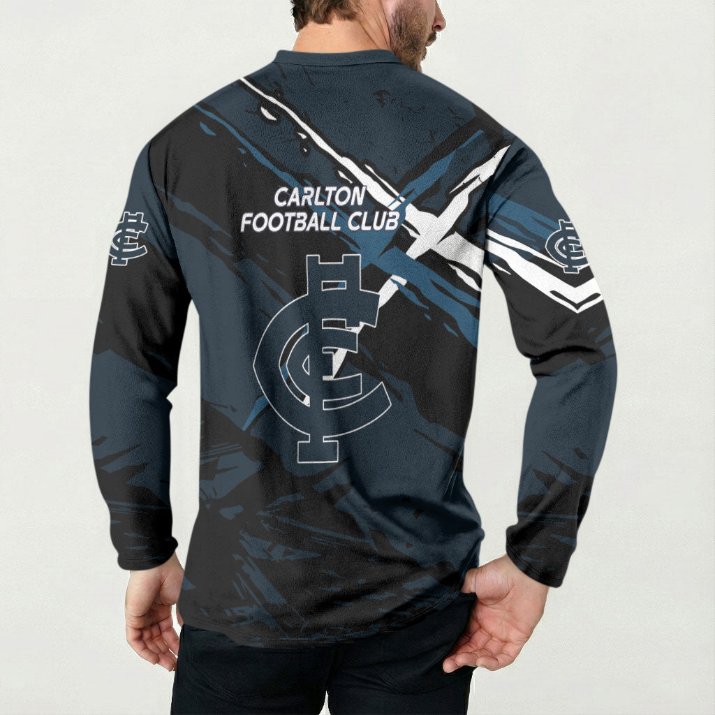 Carlton Football Club Button Sweatshirt Blues Muscular Mascot Graphic - Abstract Paint Splatter Art