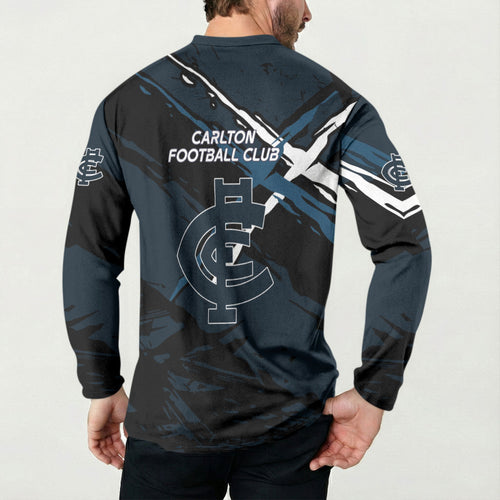 Carlton Football Club Button Sweatshirt Blues Muscular Mascot Graphic - Abstract Paint Splatter Art