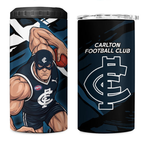 Carlton Football Club 4 in 1 Can Cooler Tumbler Blues Muscular Mascot Graphic - Abstract Paint Splatter Art