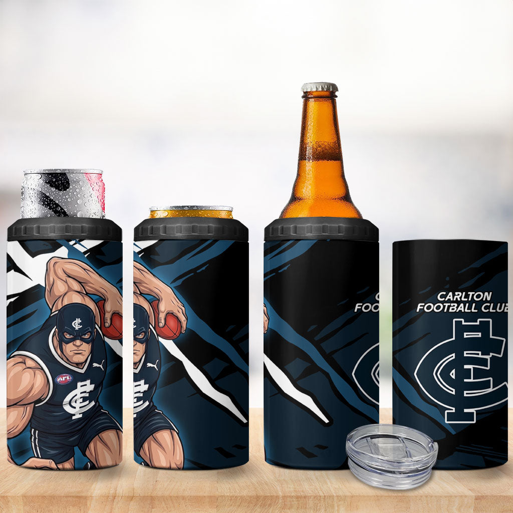 Carlton Football Club 4 in 1 Can Cooler Tumbler Blues Muscular Mascot Graphic - Abstract Paint Splatter Art