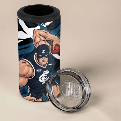 Carlton Football Club 4 in 1 Can Cooler Tumbler Blues Muscular Mascot Graphic - Abstract Paint Splatter Art