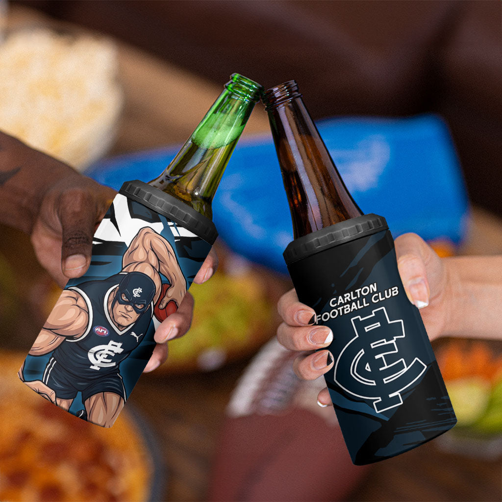 Carlton Football Club 4 in 1 Can Cooler Tumbler Blues Muscular Mascot Graphic - Abstract Paint Splatter Art