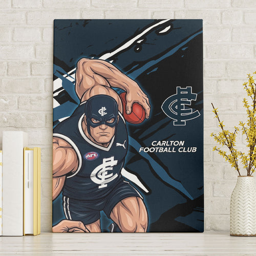 Carlton Football Club Canvas Wall Art Blues Muscular Mascot Graphic - Abstract Paint Splatter Art
