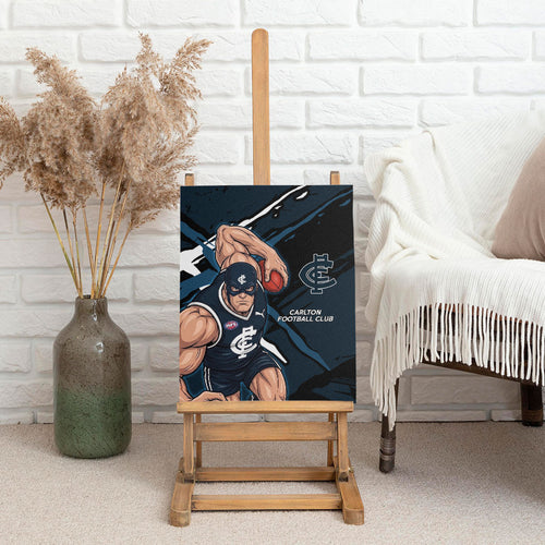 Carlton Football Club Canvas Wall Art Blues Muscular Mascot Graphic - Abstract Paint Splatter Art