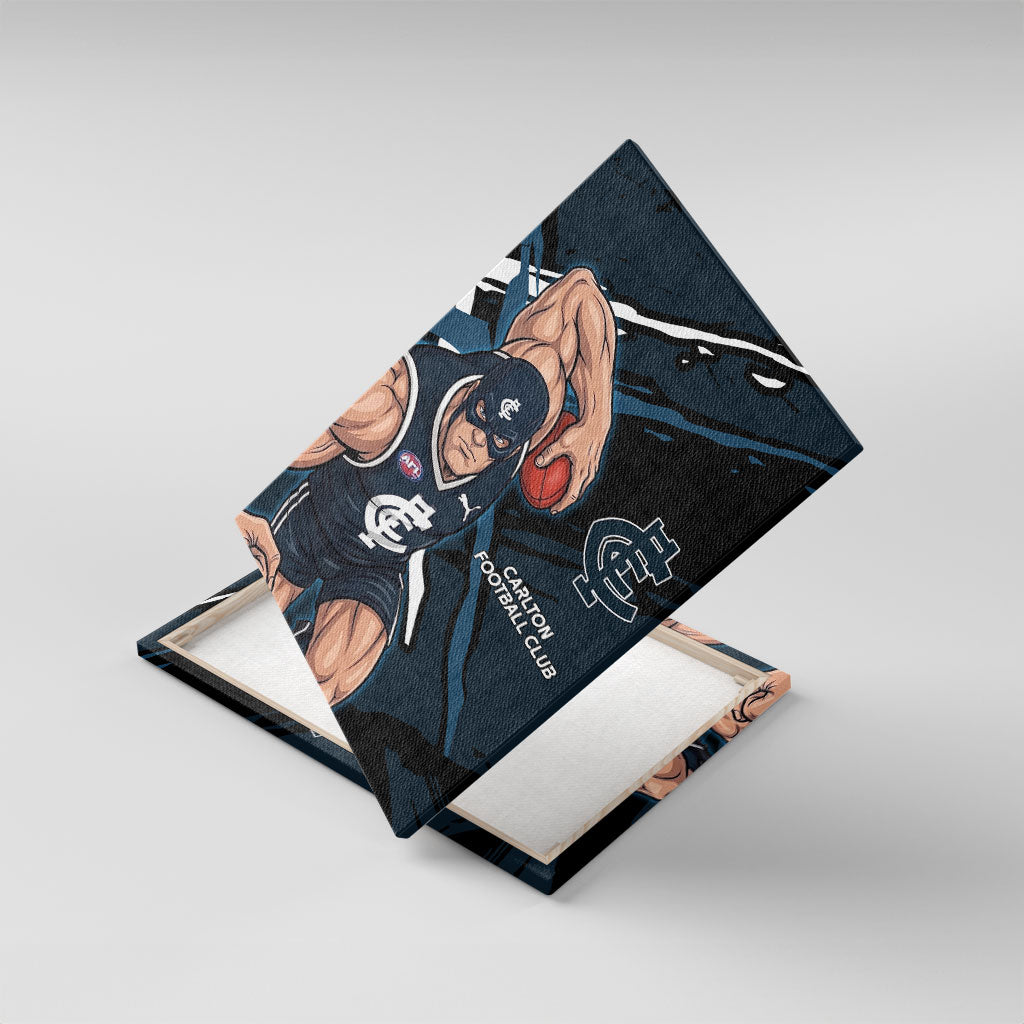 Carlton Football Club Canvas Wall Art Blues Muscular Mascot Graphic - Abstract Paint Splatter Art