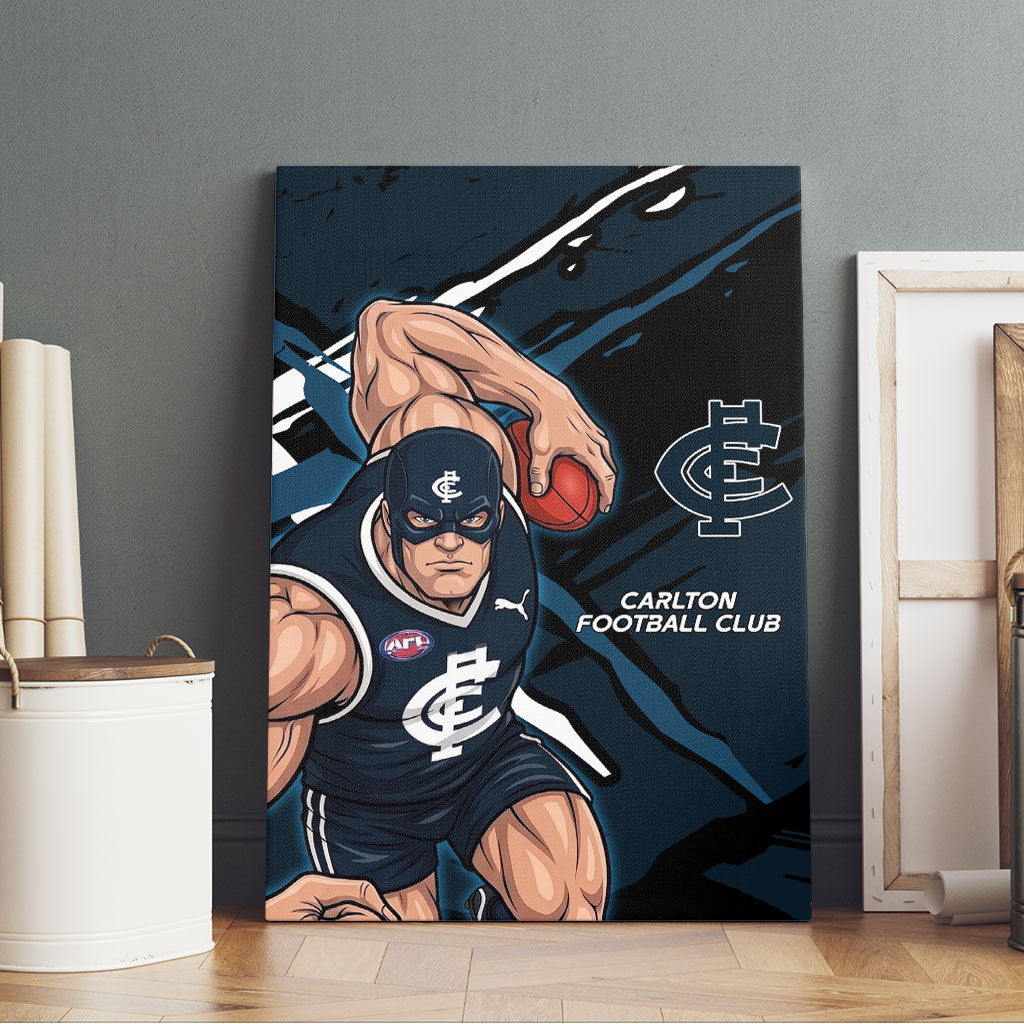 Carlton Football Club Canvas Wall Art Blues Muscular Mascot Graphic - Abstract Paint Splatter Art