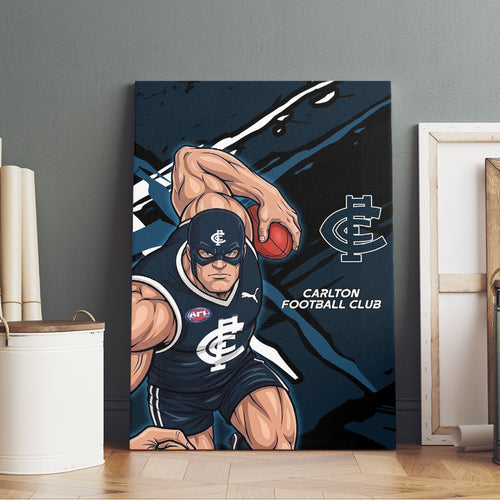 Carlton Football Club Canvas Wall Art Blues Muscular Mascot Graphic - Abstract Paint Splatter Art