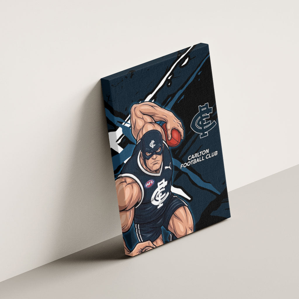 Carlton Football Club Canvas Wall Art Blues Muscular Mascot Graphic - Abstract Paint Splatter Art