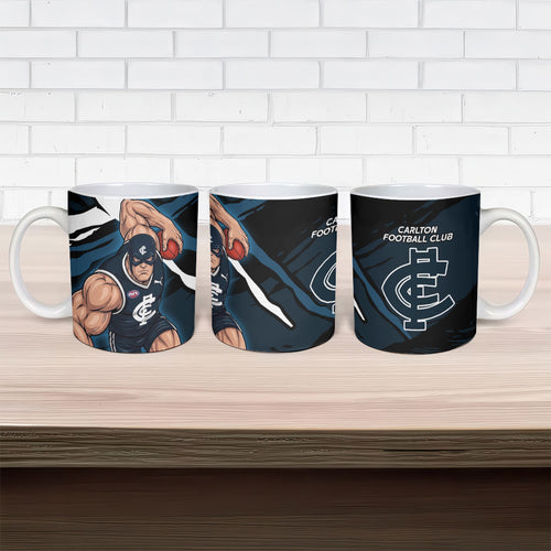 Carlton Football Club Ceramic Mug Blues Muscular Mascot Graphic - Abstract Paint Splatter Art