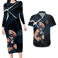 Carlton Football Club Couples Matching Long Sleeve Bodycon Dress and Hawaiian Shirt Blues Muscular Mascot Graphic - Abstract Paint Splatter Art