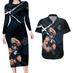 Carlton Football Club Couples Matching Long Sleeve Bodycon Dress and Hawaiian Shirt Blues Muscular Mascot Graphic - Abstract Paint Splatter Art