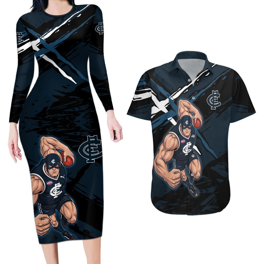 Carlton Football Club Couples Matching Long Sleeve Bodycon Dress and Hawaiian Shirt Blues Muscular Mascot Graphic - Abstract Paint Splatter Art