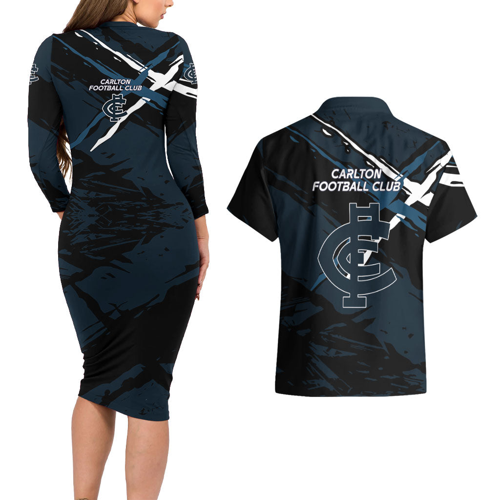 Carlton Football Club Couples Matching Long Sleeve Bodycon Dress and Hawaiian Shirt Blues Muscular Mascot Graphic - Abstract Paint Splatter Art