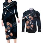 Carlton Football Club Couples Matching Long Sleeve Bodycon Dress and Long Sleeve Button Shirt Blues Muscular Mascot Graphic - Abstract Paint Splatter Art