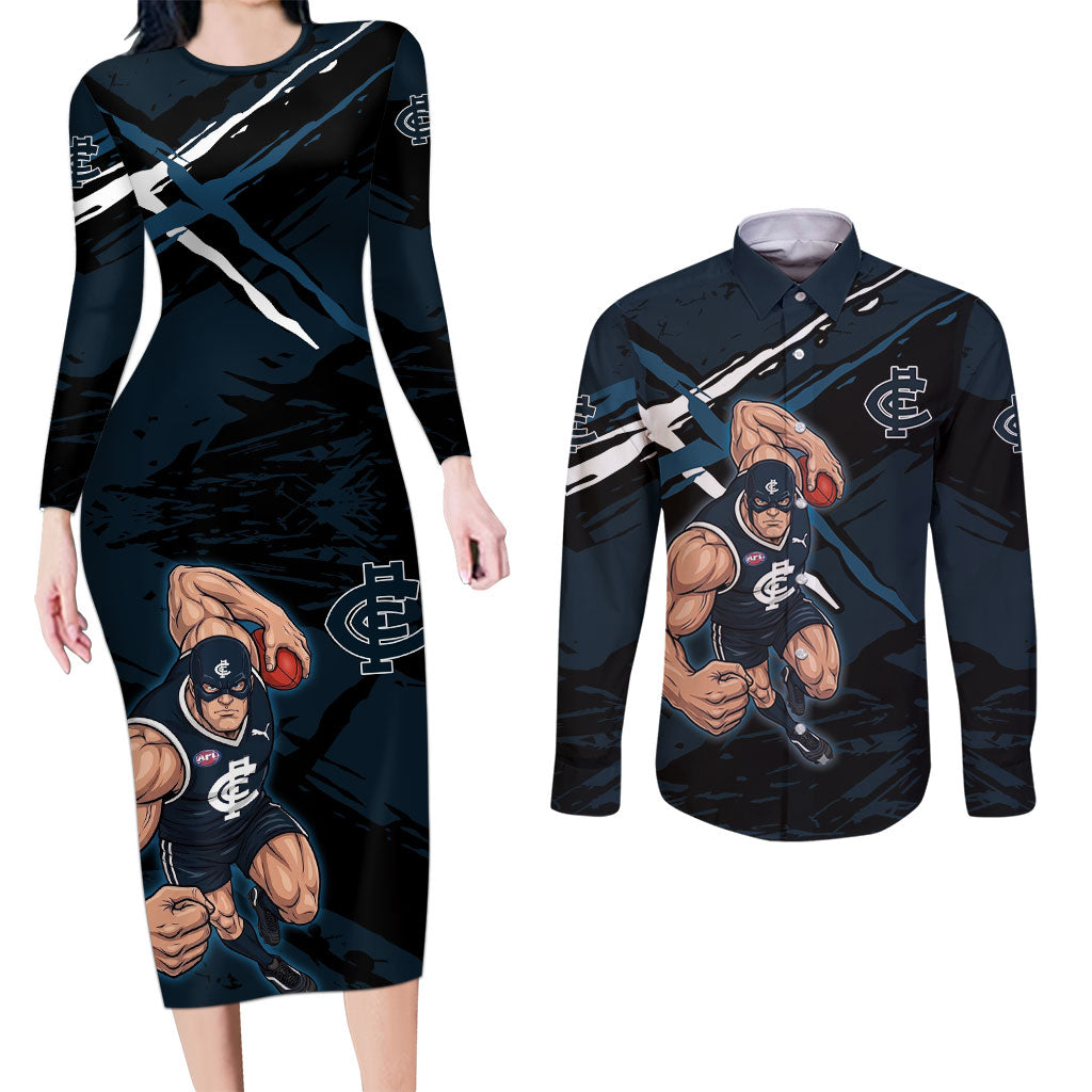 Carlton Football Club Couples Matching Long Sleeve Bodycon Dress and Long Sleeve Button Shirt Blues Muscular Mascot Graphic - Abstract Paint Splatter Art