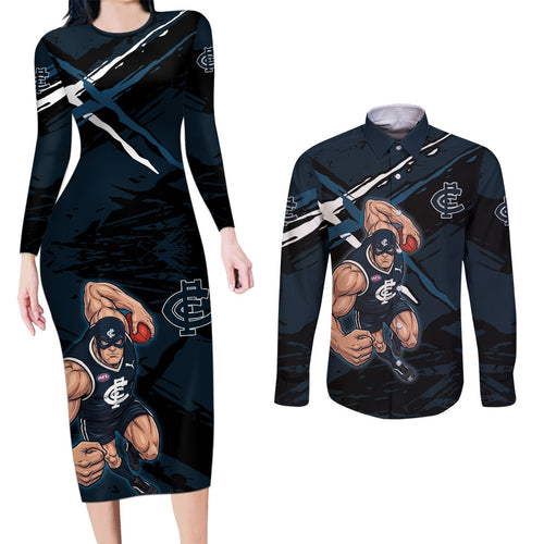 Carlton Football Club Couples Matching Long Sleeve Bodycon Dress and Long Sleeve Button Shirt Blues Muscular Mascot Graphic - Abstract Paint Splatter Art