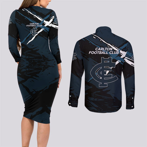 Carlton Football Club Couples Matching Long Sleeve Bodycon Dress and Long Sleeve Button Shirt Blues Muscular Mascot Graphic - Abstract Paint Splatter Art