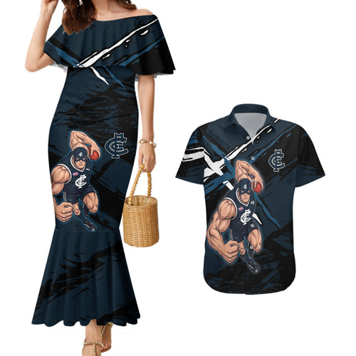 Carlton Football Club Couples Matching Mermaid Dress and Hawaiian Shirt Blues Muscular Mascot Graphic - Abstract Paint Splatter Art