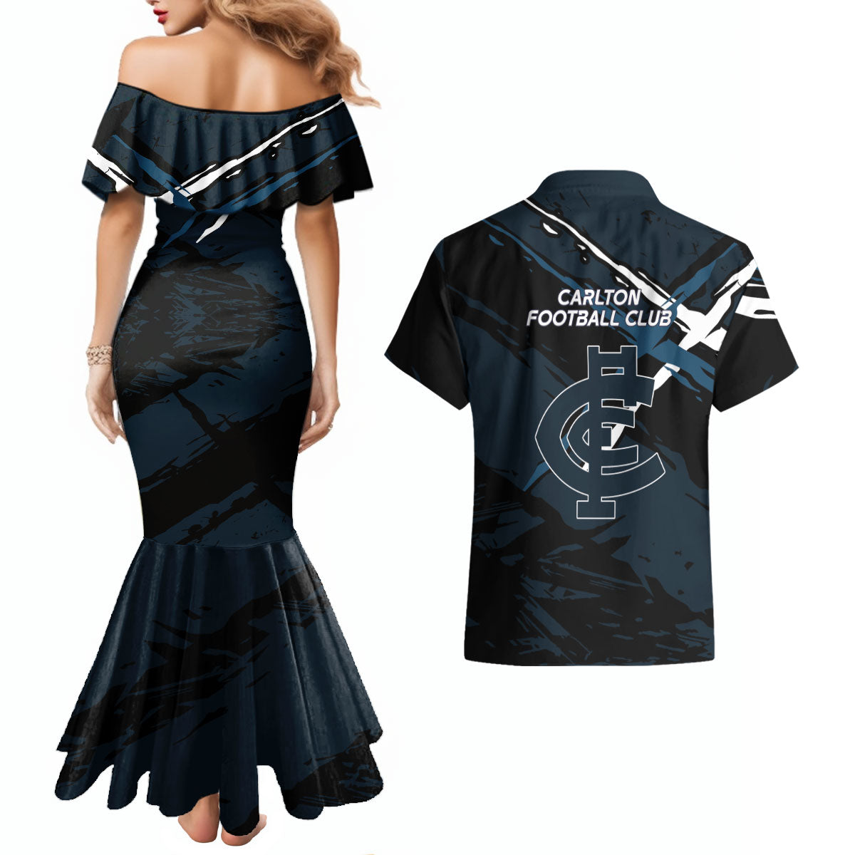Carlton Football Club Couples Matching Mermaid Dress and Hawaiian Shirt Blues Muscular Mascot Graphic - Abstract Paint Splatter Art
