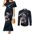 Carlton Football Club Couples Matching Mermaid Dress and Long Sleeve Button Shirt Blues Muscular Mascot Graphic - Abstract Paint Splatter Art