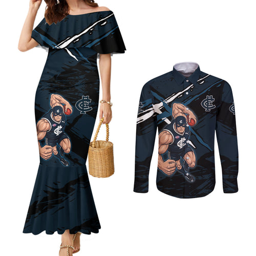 Carlton Football Club Couples Matching Mermaid Dress and Long Sleeve Button Shirt Blues Muscular Mascot Graphic - Abstract Paint Splatter Art
