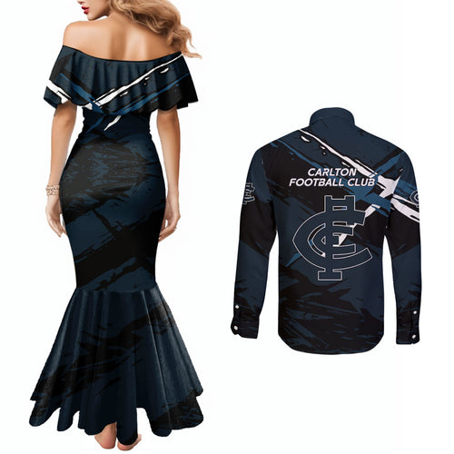 Carlton Football Club Couples Matching Mermaid Dress and Long Sleeve Button Shirt Blues Muscular Mascot Graphic - Abstract Paint Splatter Art