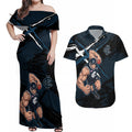 Carlton Football Club Couples Matching Off Shoulder Maxi Dress and Hawaiian Shirt Blues Muscular Mascot Graphic - Abstract Paint Splatter Art