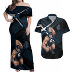 Carlton Football Club Couples Matching Off Shoulder Maxi Dress and Hawaiian Shirt Blues Muscular Mascot Graphic - Abstract Paint Splatter Art
