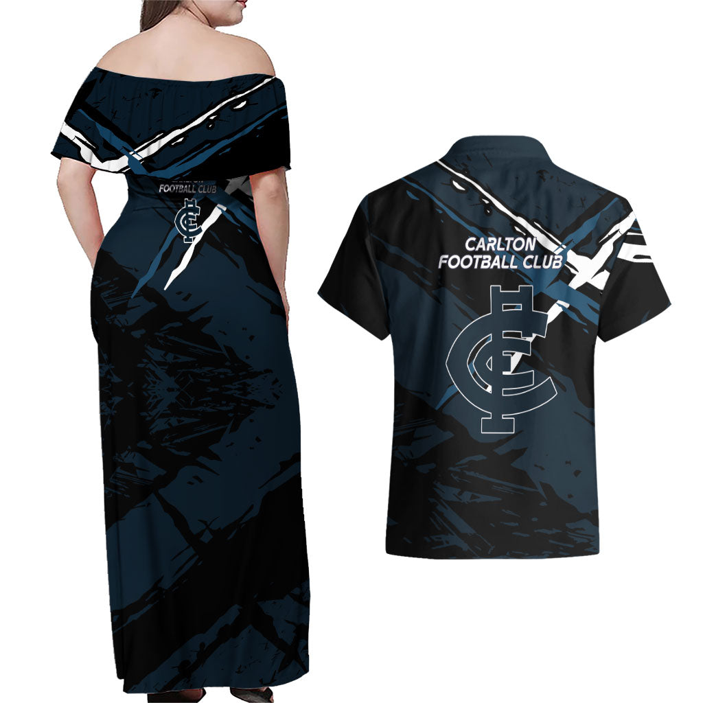 Carlton Football Club Couples Matching Off Shoulder Maxi Dress and Hawaiian Shirt Blues Muscular Mascot Graphic - Abstract Paint Splatter Art