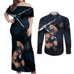 Carlton Football Club Couples Matching Off Shoulder Maxi Dress and Long Sleeve Button Shirt Blues Muscular Mascot Graphic - Abstract Paint Splatter Art