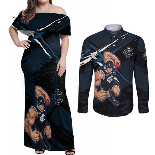 Carlton Football Club Couples Matching Off Shoulder Maxi Dress and Long Sleeve Button Shirt Blues Muscular Mascot Graphic - Abstract Paint Splatter Art
