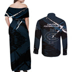 Carlton Football Club Couples Matching Off Shoulder Maxi Dress and Long Sleeve Button Shirt Blues Muscular Mascot Graphic - Abstract Paint Splatter Art