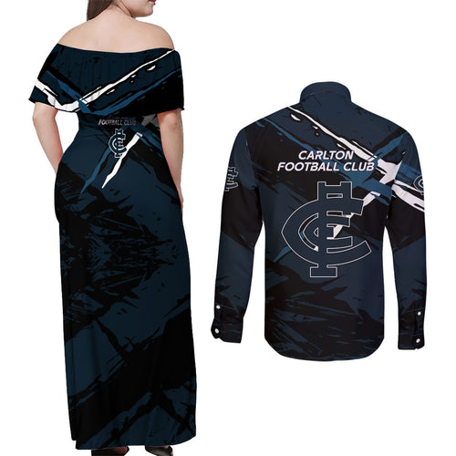 Carlton Football Club Couples Matching Off Shoulder Maxi Dress and Long Sleeve Button Shirt Blues Muscular Mascot Graphic - Abstract Paint Splatter Art