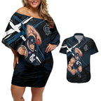 Carlton Football Club Couples Matching Off Shoulder Short Dress and Hawaiian Shirt Blues Muscular Mascot Graphic - Abstract Paint Splatter Art