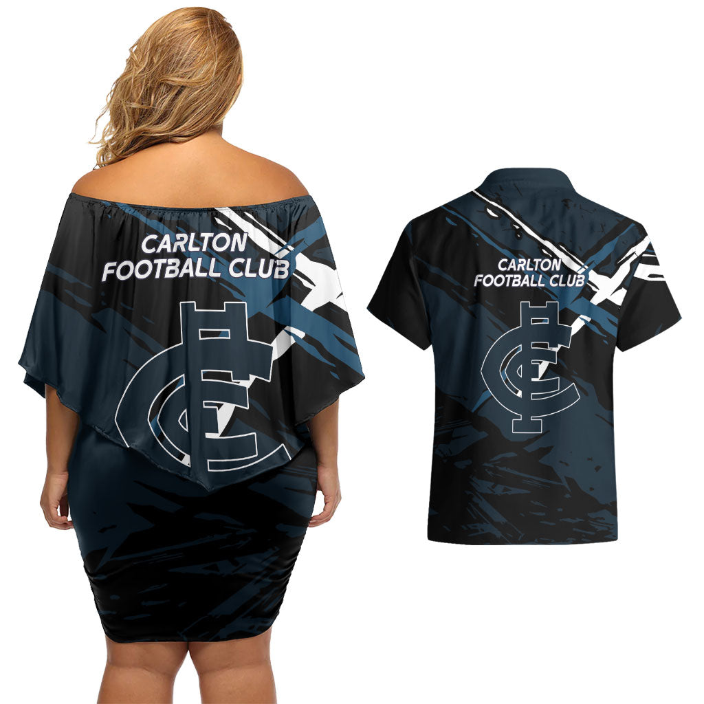 Carlton Football Club Couples Matching Off Shoulder Short Dress and Hawaiian Shirt Blues Muscular Mascot Graphic - Abstract Paint Splatter Art