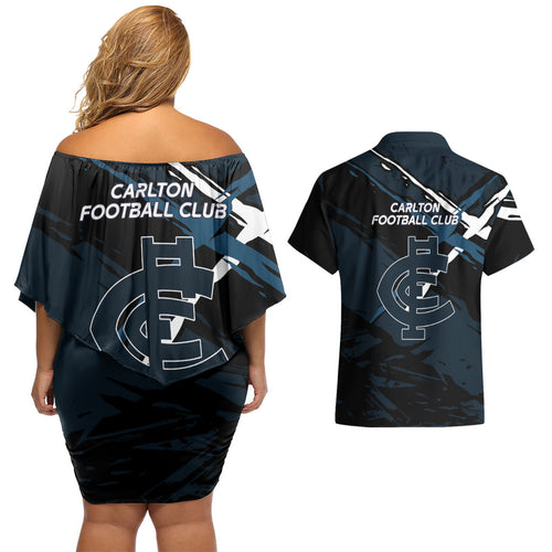 Carlton Football Club Couples Matching Off Shoulder Short Dress and Hawaiian Shirt Blues Muscular Mascot Graphic - Abstract Paint Splatter Art