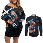 Carlton Football Club Couples Matching Off Shoulder Short Dress and Long Sleeve Button Shirt Blues Muscular Mascot Graphic - Abstract Paint Splatter Art