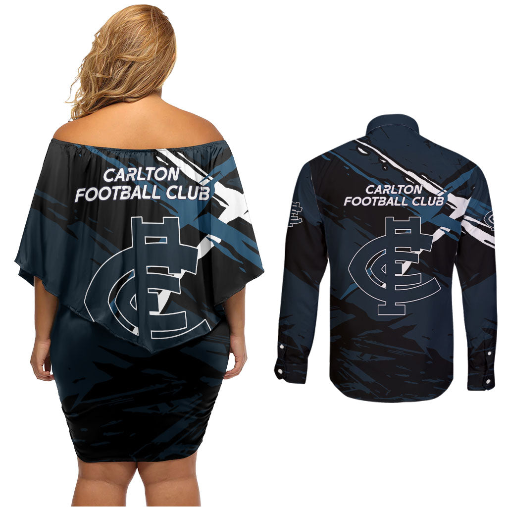 Carlton Football Club Couples Matching Off Shoulder Short Dress and Long Sleeve Button Shirt Blues Muscular Mascot Graphic - Abstract Paint Splatter Art