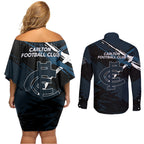 Carlton Football Club Couples Matching Off Shoulder Short Dress and Long Sleeve Button Shirt Blues Muscular Mascot Graphic - Abstract Paint Splatter Art