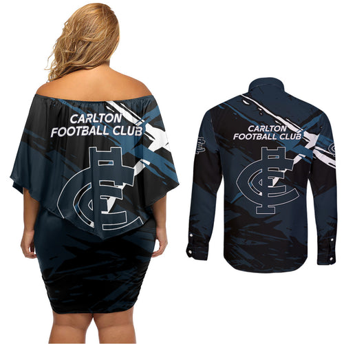 Carlton Football Club Couples Matching Off Shoulder Short Dress and Long Sleeve Button Shirt Blues Muscular Mascot Graphic - Abstract Paint Splatter Art